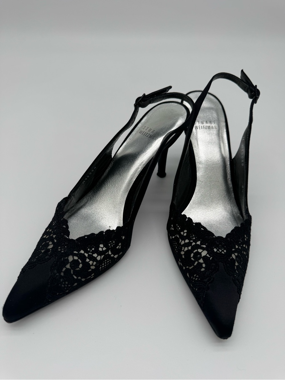 Stuart Weitzman Black Lace Pointed Slingback Heels with Silver Insole